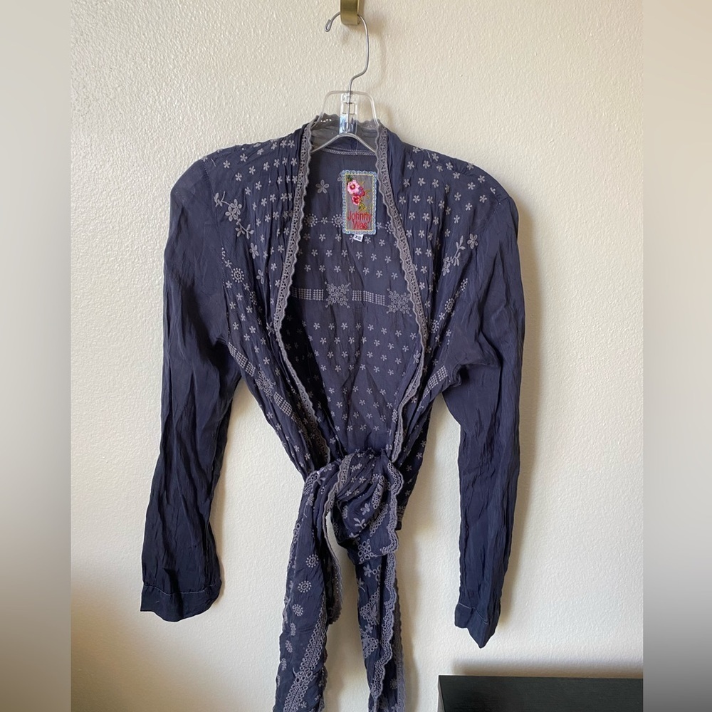 Johnny Was Indigo Embroidered Tie Front Blouse